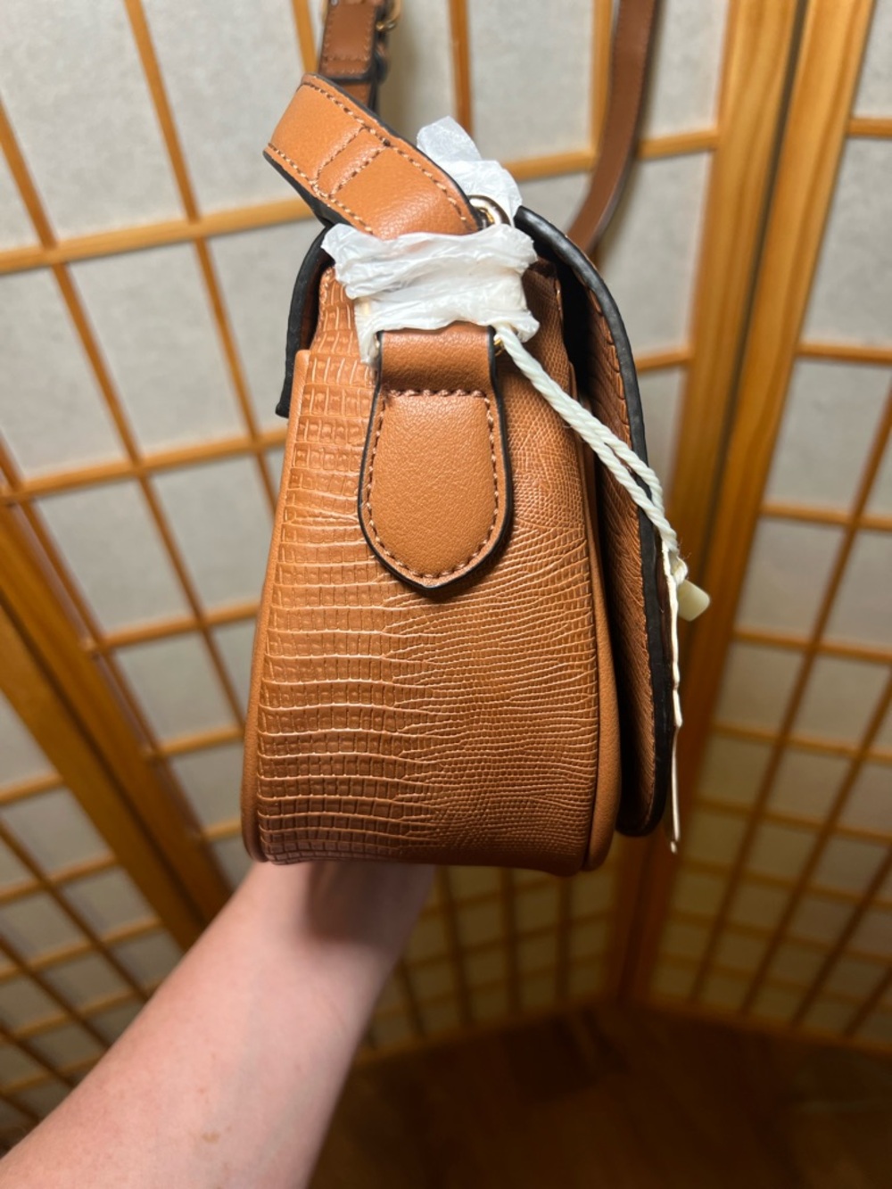 Alyssa Brown Crossbody Bag Vegan Leather Saddle Purse Textured Flap NWT - Picture 7 of 16